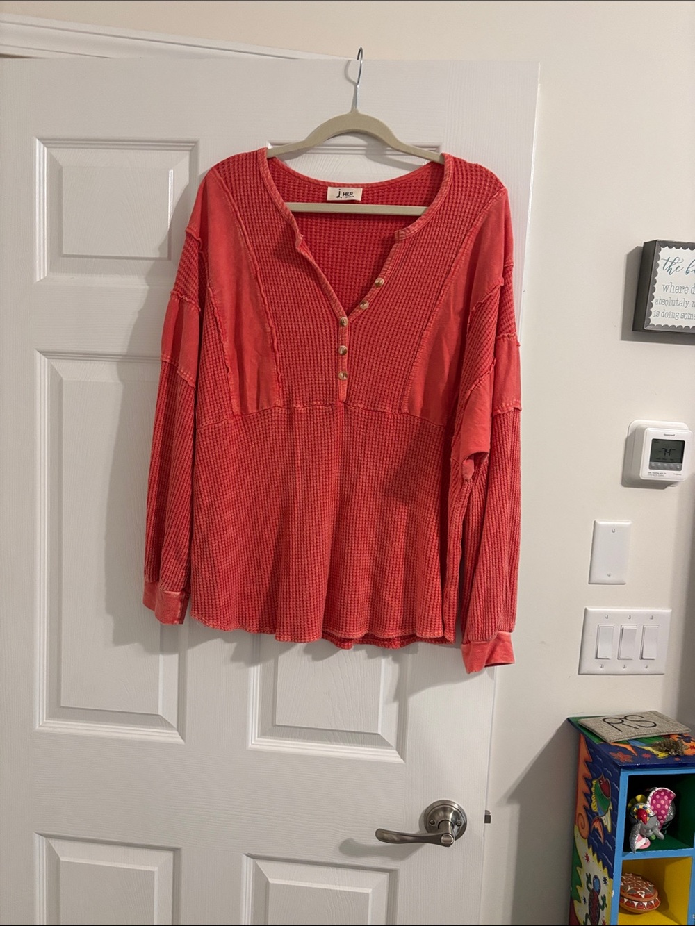 Coral Button-Front Waffle-Knit Henley
